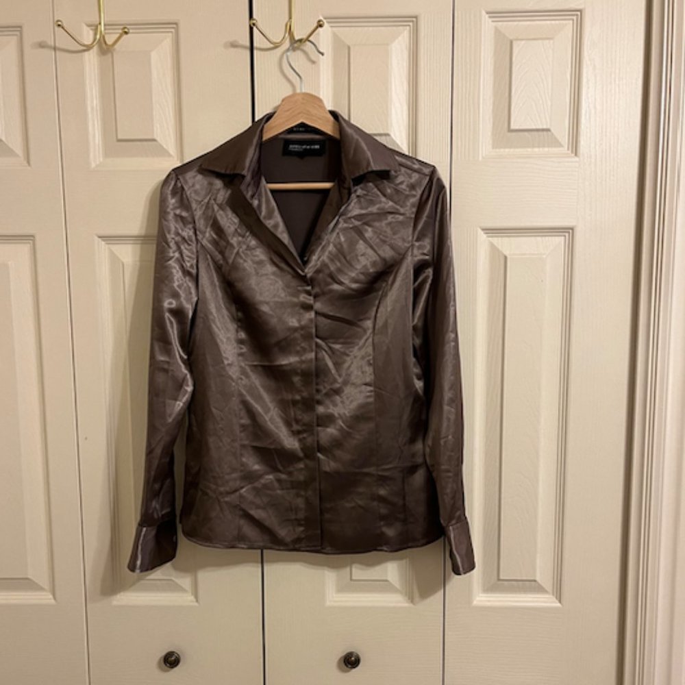 silk brown button down top
